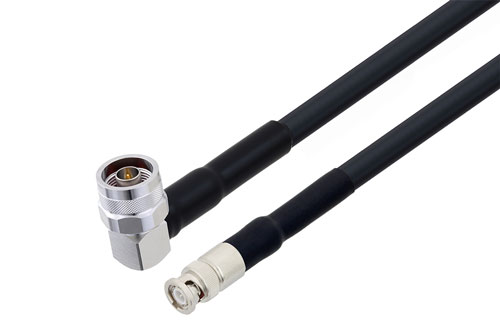 N Male Right Angle to BNC Male Low Loss Cable Using LMR-400-UF Coax with HeatShrink