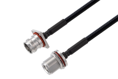 Fire Rated 4.1/9.5 Mini DIN Female Bulkhead to 4.3-10 Female 4 Hole Flange Low PIM Cable Using SPF-250 Coax