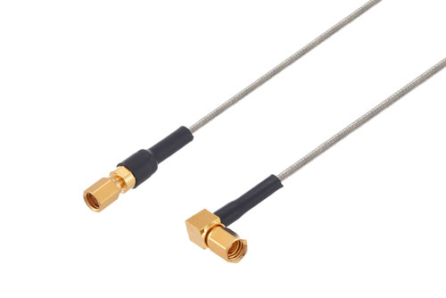 SSMC Plug to SSMC Plug Right Angle Cable Using PE-SR047FL Coax with HeatShrink, LF Solder