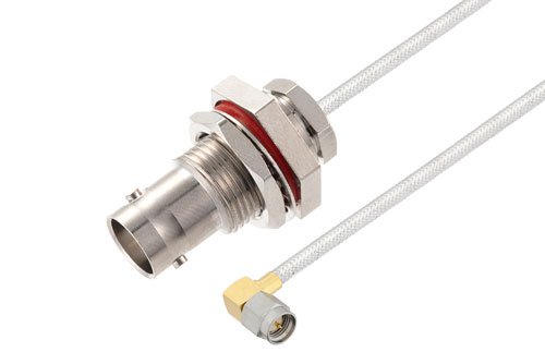 BNC Female Bulkhead to SMA Male Right Angle Cable Using PE-SR402FL Coax