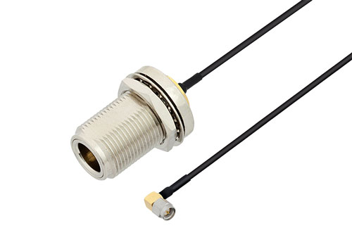 SMA Male Right Angle to N Female Bulkhead Cable Using PE-SR405FLJ Coax , LF Solder