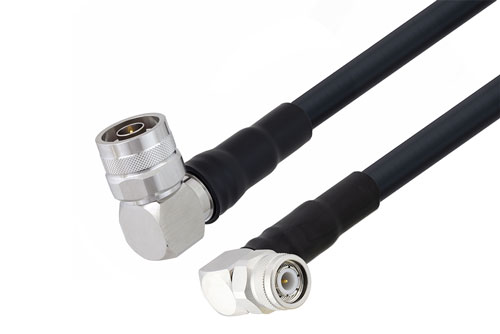 TNC Male Right Angle to N Male Right Angle Low Loss Cable Using LMR-400 Coax With Times Microwave Parts with HeatShrink and 180 Deg. Clock