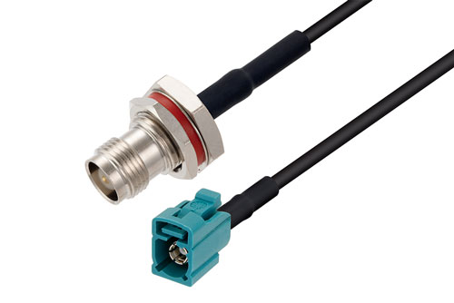 Water Blue FAKRA Jack to TNC Female Bulkhead Low Loss Cable Using LMR-100 Coax with HeatShrink, LF Solder