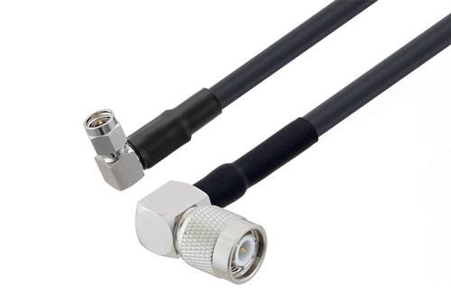 TNC Male Right Angle to SMA Male Right Angle Low Loss Cable Using LMR-240-DB Coax with HeatShrink, LF Solder