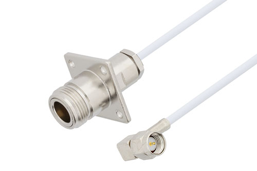 N Female 4 Hole Flange to SMA Male Right Angle Cable Using RG188 Coax