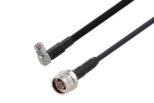 SMA Male Right Angle to N Male Low Loss Cable Using LMR-240-DB Coax with Times Microwave Components and HeatShrink, LF Solder