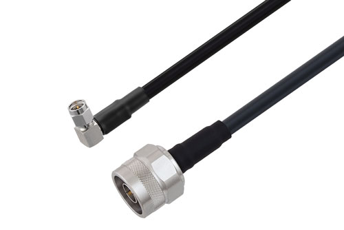 SMA Male Right Angle to N Male Low Loss Cable Using LMR-240 Coax with Times Microwave Components with HeatShrink, LF Solder
