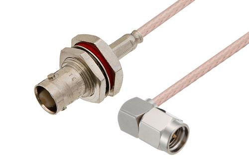 SMA Male Right Angle to BNC Female Bulkhead Cable Using RG316-DS Coax, LF Solder