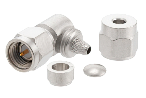 SMA Male Right Angle Connector Clamp/Solder Attachment for RG174, RG316, RG188, 0.100 inch, PE-B100, PE-C100, LMR-100