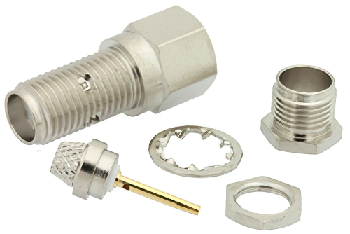 SMA Female Bulkhead Connector Clamp/Solder Attachment For RG58, RG55, RG142, RG223, RG400, .235 inch D Hole