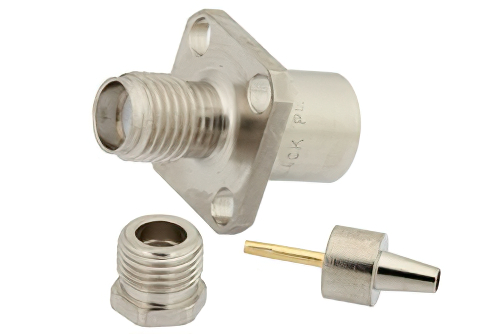 SMA Female Connector Clamp/Solder Attachment 4 Hole Flange For RG316, RG174, RG188, .340 inch Hole Spacing