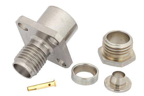 SMA Female Connector Clamp/Solder Attachment 4 Hole Flange For RG58, RG55, RG141, RG142, RG223, RG400, .340 inch Hole Spacing