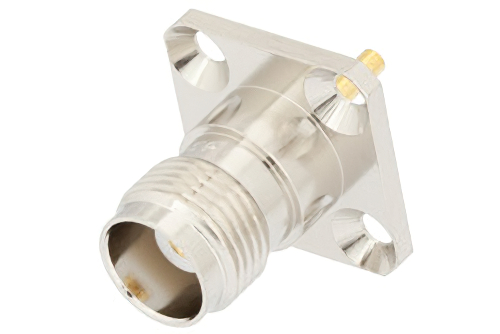 TNC Female Connector Solder Attachment 4 Hole Flange Mount Solder Cup Terminal, .500 inch Hole Spacing