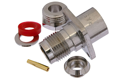 TNC Female Connector Clamp/Solder Attachment 4 Hole Flange For RG58, RG55, RG141, RG142, RG223, RG400, .500 inch Threaded Hole Spacing