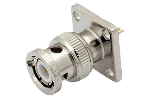 BNC Male Connector Solder Attachment 4 Hole Flange Mount Solder Cup Terminal, .531 inch Hole Spacing