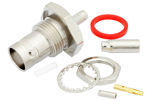 BNC Female Bulkhead Mount Connector Crimp/Solder Attachment for RG174, RG316, RG188, LMR-100, PE-B100, PE-C100, .100 inch, .480 inch D Hole