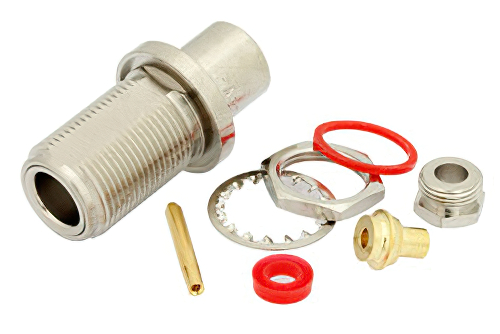 N Female Bulkhead Connector Clamp/Solder Attachment For PE-SR402AL, PE-SR402FL, RG402, .640 inch DD Hole