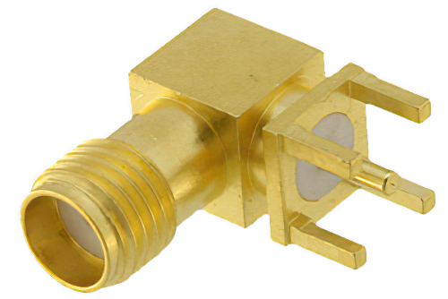 SMA Female Right Angle Connector Solder Attachment Thru Hole PCB, .200 inch x .067 inch Hole Spacing