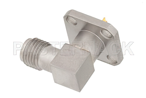 SMA Female Right Angle Connector Solder Attachment 4 Hole Flange Mount Solder Cup Terminal, .340 inch Hole Spacing