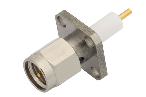 SMA Male Connector Solder Attachment 4 Hole Flange Mount Stub Terminal, .340 inch Hole Spacing