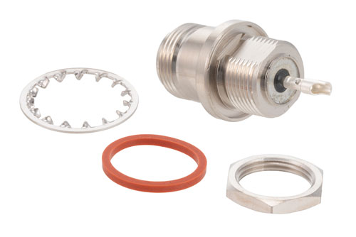 N Female Bulkhead Mount Pressurized Connector Solder Attachment Solder Cup Terminal, .640 inch DD Hole