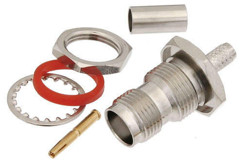 TNC Female Bulkhead Mount Connector Crimp/Solder Attachment for RG55, RG142, RG223, RG400, .480 inch D Hole