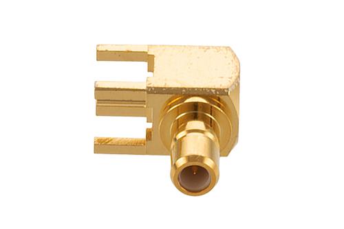 SMB Jack Right Angle Connector Solder Attachment Thru Hole PCB, .200 inch x .067 inch Hole Spacing