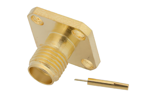 SMA Female Connector Solder Attachment 4 Hole Flange Mount Tab Terminal, .340 inch Hole Spacing