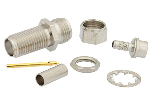 SMA Female Bulkhead Connector Crimp/Solder (Captive Contact) Attachment For RG316, RG174, RG188, .235 inch D Hole