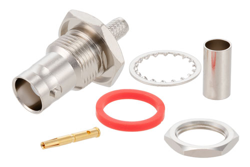 BNC Female Bulkhead Mount Connector Crimp/Solder Attachment for RG55, RG142, RG223, RG400, .480 inch D Hole