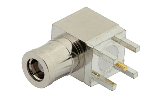 SMB Plug Right Angle Connector Solder Attachment Thru Hole PCB, .200 inch x .067 inch Hole Spacing
