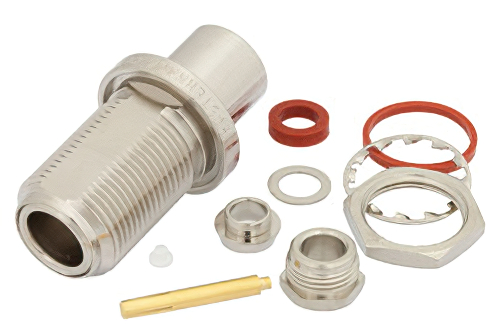 N Female Bulkhead Mount Connector Clamp/Solder Attachment for RG59B/U, RG62, .640 inch DD Hole