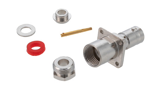 MHV Female Connector Clamp/Solder Attachment 4 Hole Flange For RG55, RG58, RG141, RG142, RG223, RG400, .500 inch Threaded Hole Spacing