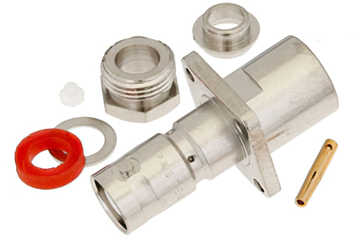 MHV Female Connector Clamp/Solder Attachment 4 Hole Flange Mount for RG59B/U, RG62, RG71, .500 inch Threaded Hole Spacing