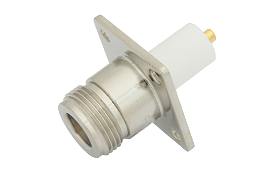 N Female Connector Solder Attachment 4 Hole Flange Mount Pin Terminal, .718 inch Hole Spacing