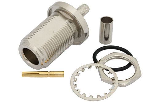 N Female Bulkhead Mount Connector Crimp/Crimp Attachment for RG55, RG142, RG223, RG400, .640 inch DD Hole