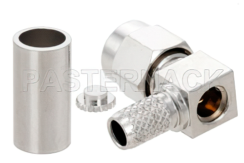 SMA Male Right Angle Connector Crimp/Solder Attachment for RG58, RG303, RG141, PE-C195, PE-P195, LMR-195, .195 inch