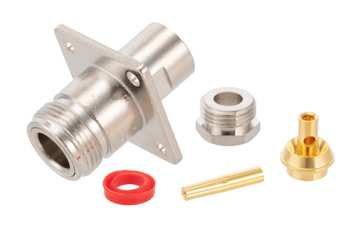 N Female Connector Clamp/Solder Attachment 4 Hole Flange For PE-SR405AL, PE-SR405FL, RG405, .718 inch Hole Spacing