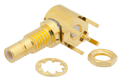 SMB Jack Right Angle Bulkhead Connector Solder Attachment Thru Hole PCB, .177 inch D Hole