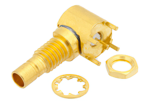 75 Ohm Mini SMB Jack Right Angle Bulkhead Connector Solder Attachment Thru Hole PCB, .177 inch D Hole