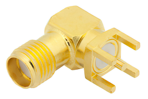RT SMA Female Right Angle Connector Solder Attachment Thru Hole PCB, .200 inch x .067 inch Hole Spacing