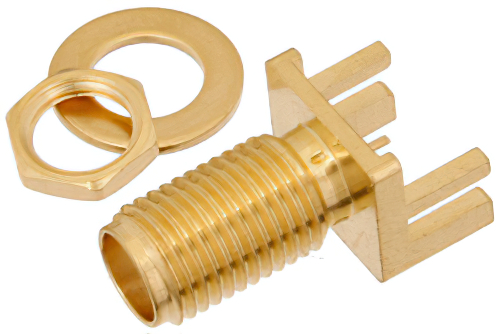 SMA Female Bulkhead Mount Connector Solder Attachment .062 inch End Launch PCB, .250 inch Diameter, .020 inch x .010 inch Contact