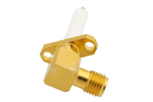 SMA Female Right Angle Connector Solder Attachment 2 Hole Flange Mount Pin Terminal, .481 inch Hole Spacing, +45 Degree Flange Direction