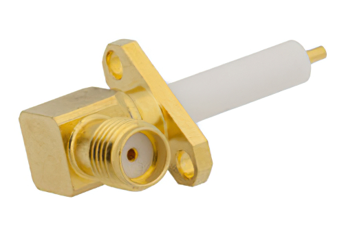SMA Female Right Angle Connector Solder Attachment 2 Hole Flange Mount Pin Terminal, .481 inch Hole Spacing, -45 Degree Flange Direction