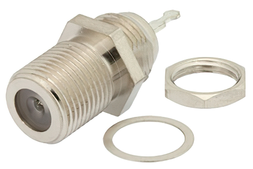 75 Ohm F Female Bulkhead Mount Connector Solder Attachment Tab Terminal, .380 inch DD Hole