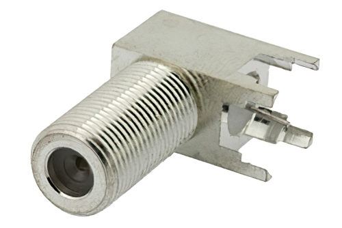 75 Ohm F Female Right Angle Connector Solder Attachment Thru Hole PCB, .320 inch x .091 inch Hole Spacing