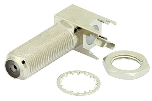 75 Ohm F Female Right Angle Bulkhead Mount Connector Solder Attachment Thru Hole PCB, .350 inch D Hole