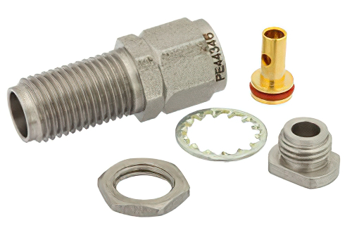 2.4mm Female Bulkhead Mount Connector Clamp/Solder Attachment for PE-SR405AL, PE-SR405FL, PE-SR405FLJ, PE-SR405TN, RG405, .252 inch D Hole