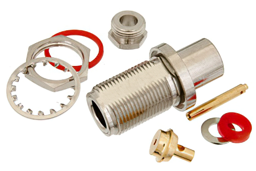 N Female Bulkhead Mount Connector Clamp/Solder Attachment for PE-SR405AL, PE-SR405FL, RG405, PE-SR405TN, .640 inch DD Hole