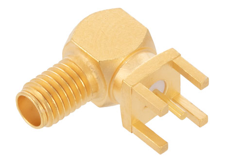 SSMA Female Right Angle Connector Solder Attachment Thru Hole PCB, .200 inch x .067 inch Hole Spacing